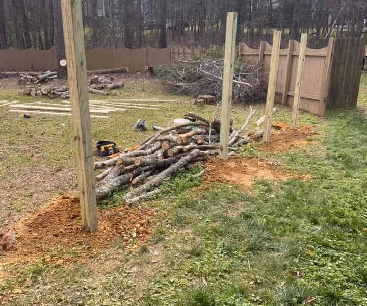 Wood fence posts being installed around a backyard